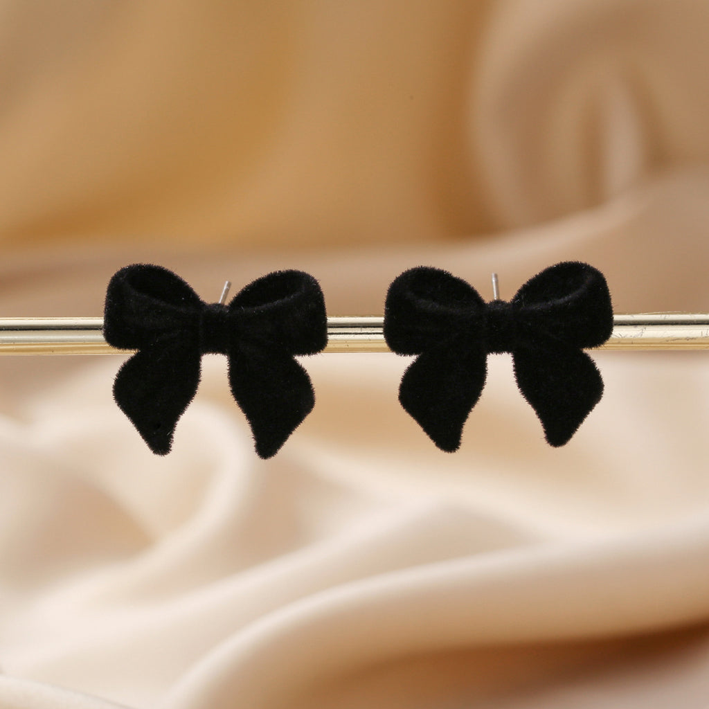 Velvet Flocked Bow Stud Earrings - Black