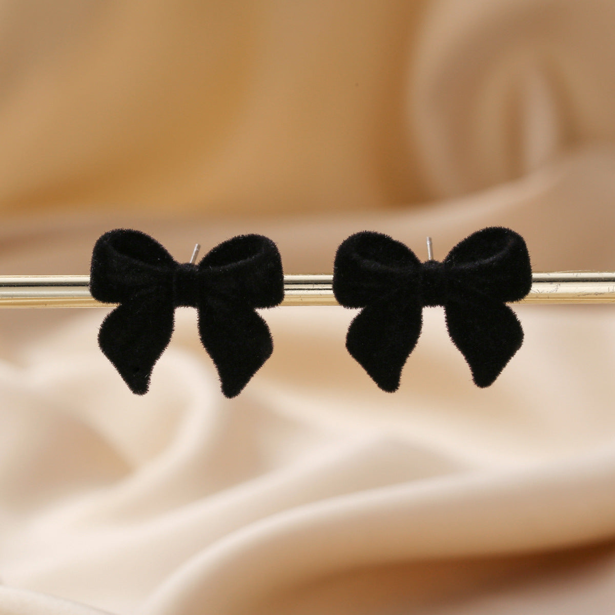 Velvet Flocked Bow Stud Earrings - Black