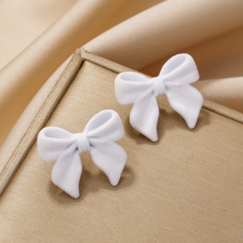 Velvet Flocked Bow Stud Earrings - White