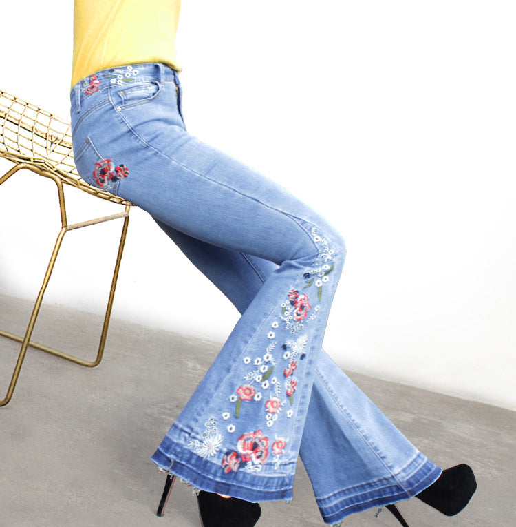 Poppy Embroidered Frayed Hem Flare Jeans - blue