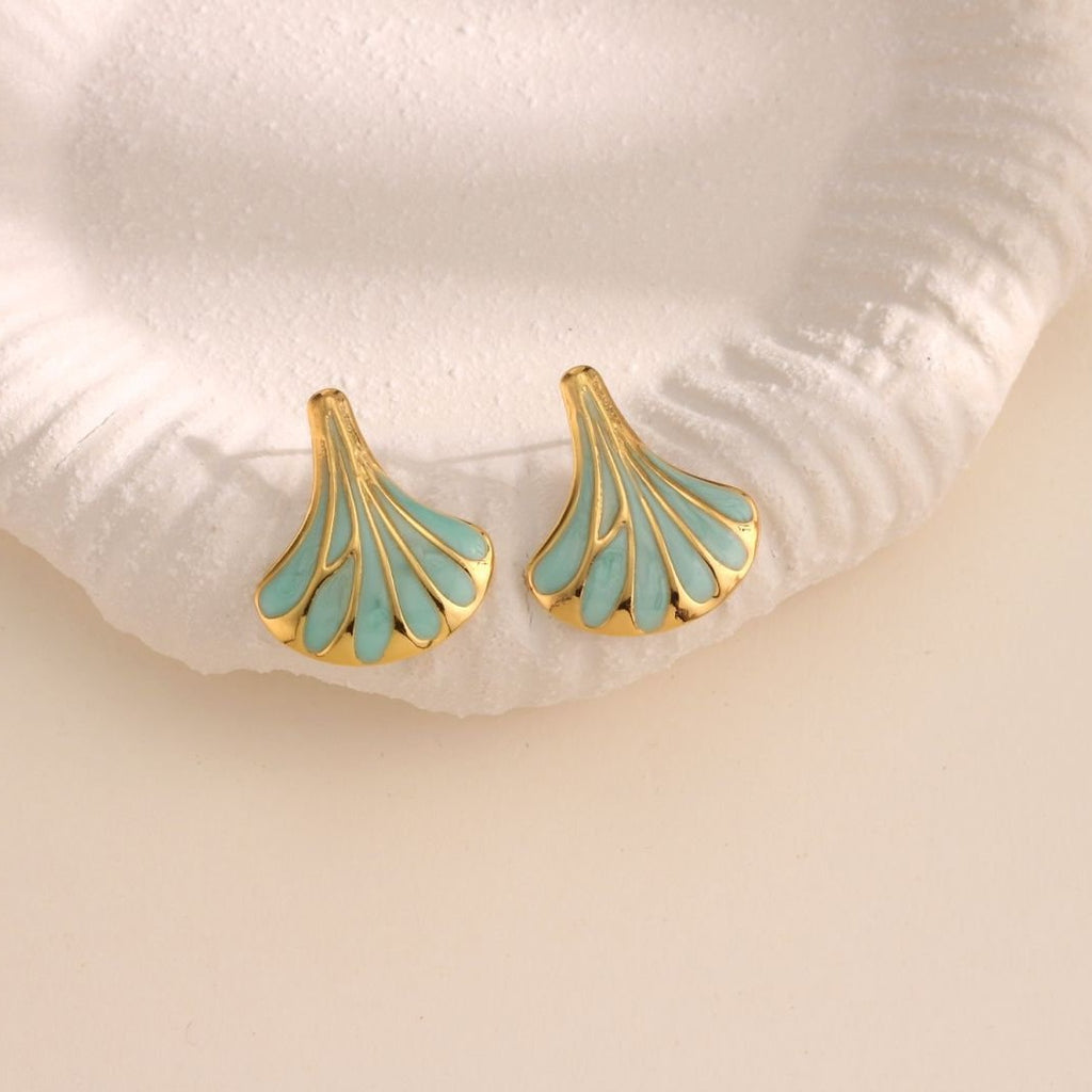 Ginkgo Leaf Enamel Stud Earrings - BLUE