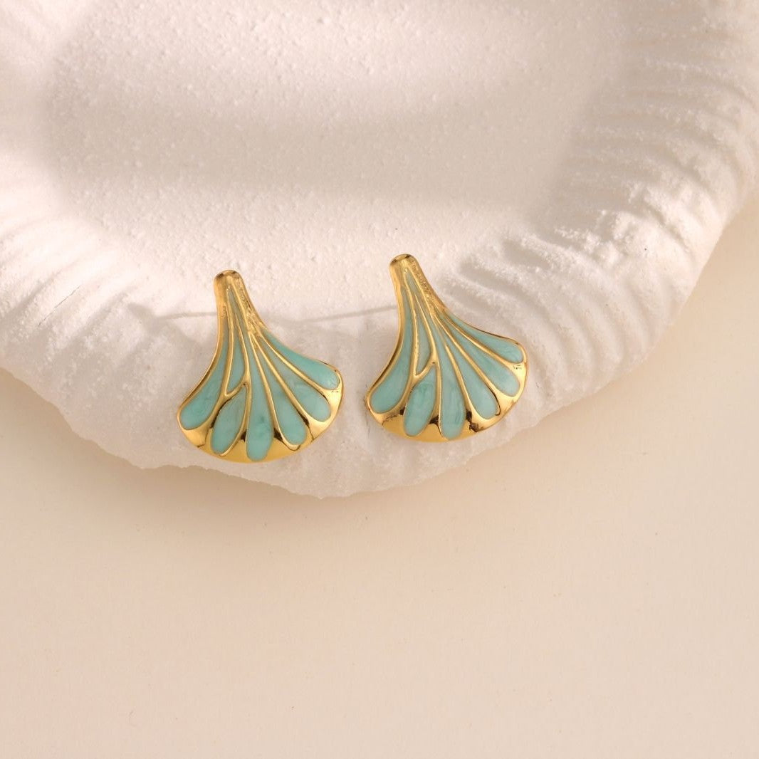 Ginkgo Leaf Enamel Stud Earrings - BLUE