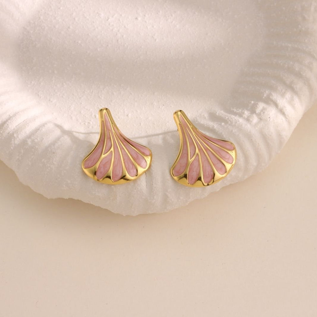 Ginkgo Leaf Enamel Stud Earrings - PINK