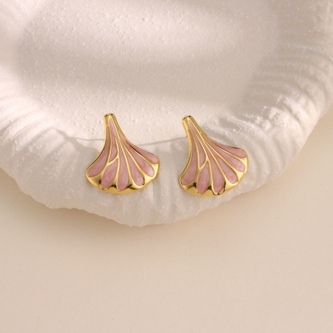 Ginkgo Leaf Enamel Stud Earrings - PINK