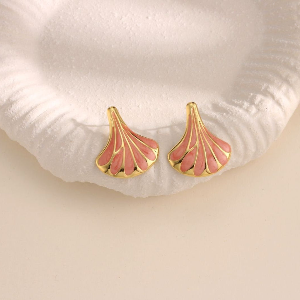 Ginkgo Leaf Enamel Stud Earrings - RED