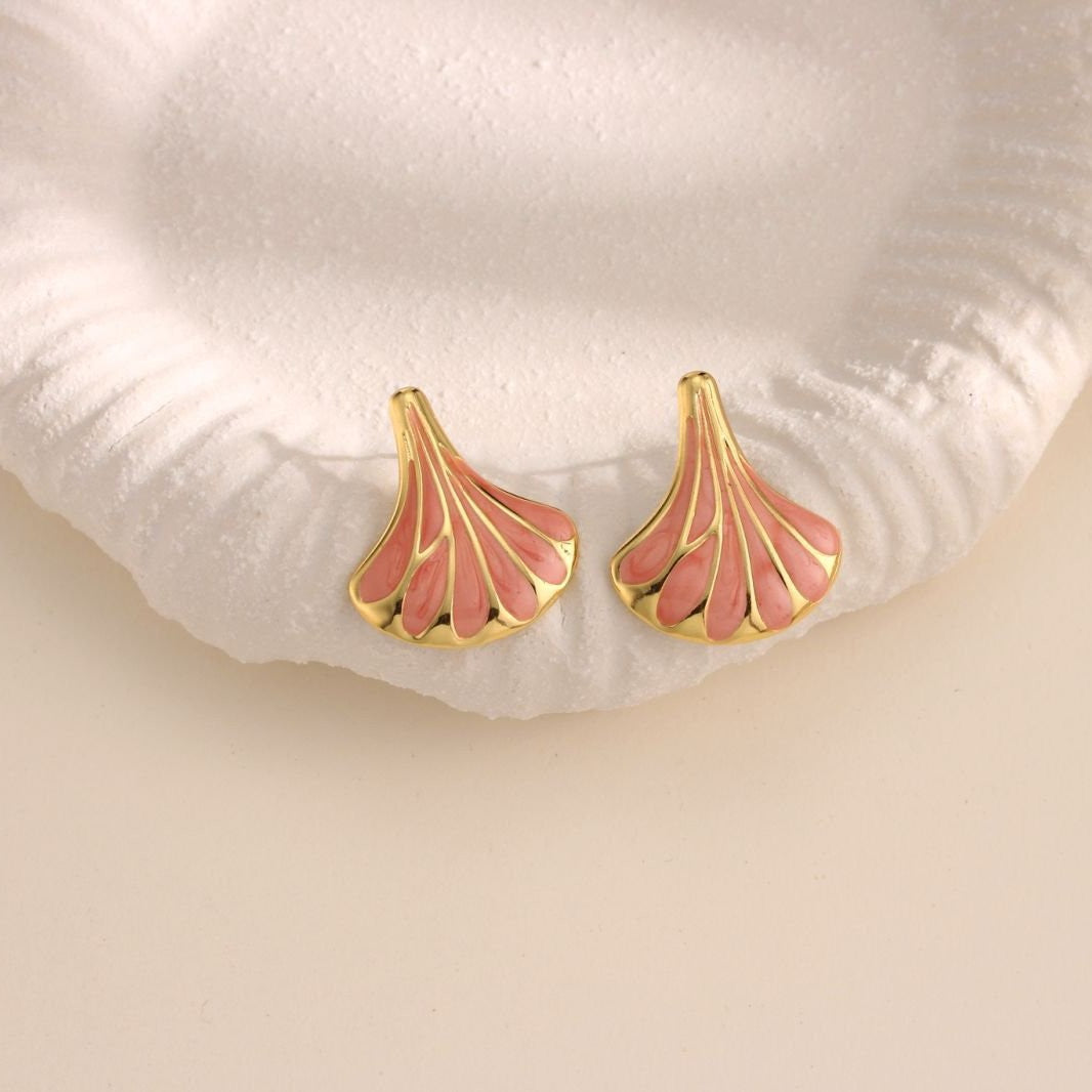 Ginkgo Leaf Enamel Stud Earrings - RED