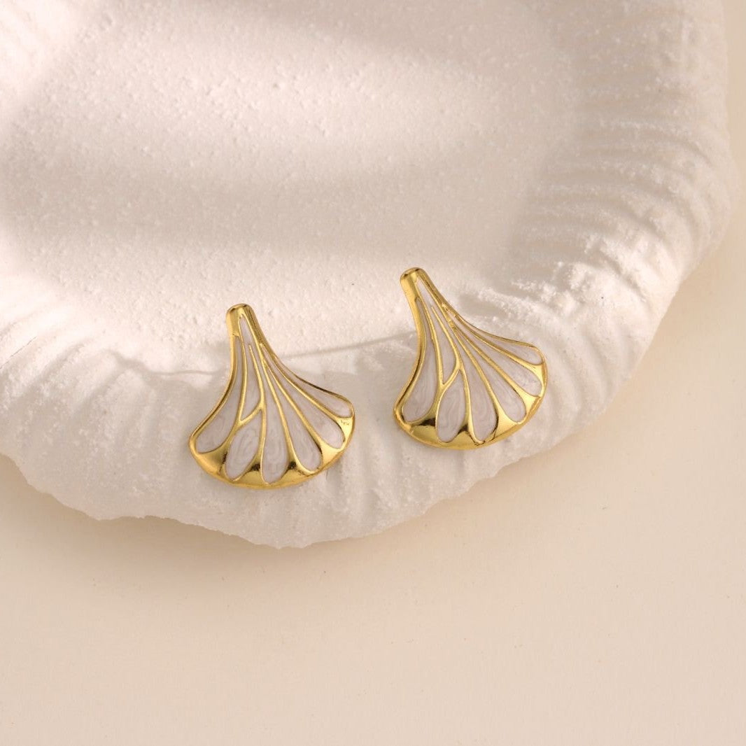 Ginkgo Leaf Enamel Stud Earrings - WHITE