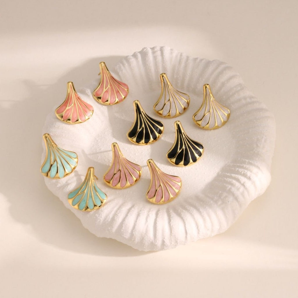 Ginkgo Leaf Enamel Stud Earrings