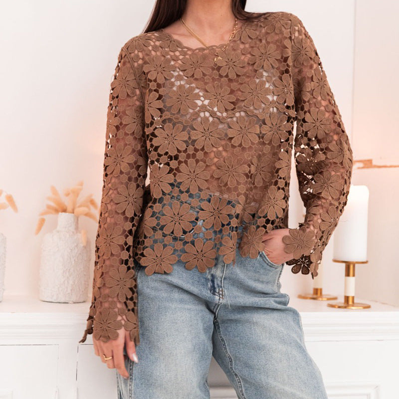 Daisy Crochet Sheer Long Sleeve Blouse - Brown