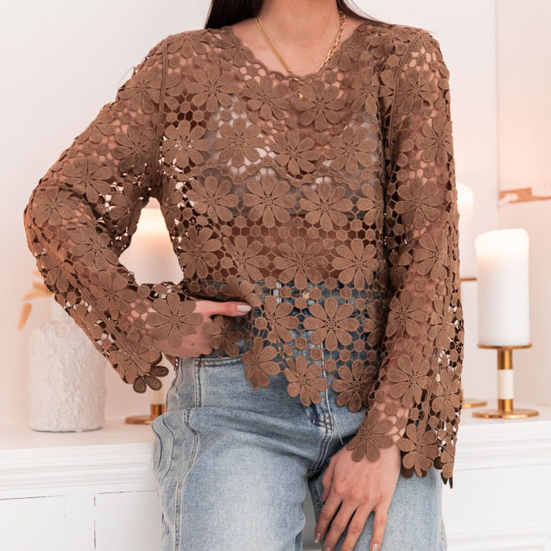 Daisy Crochet Sheer Long Sleeve Blouse - Brown - 2