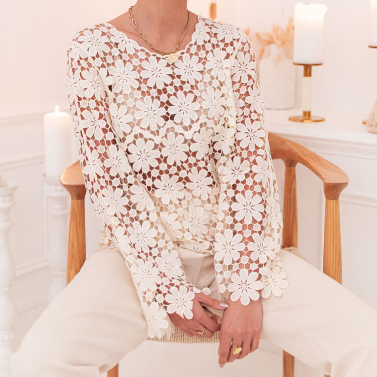 Daisy Crochet Sheer Long Sleeve Blouse - OffWhite