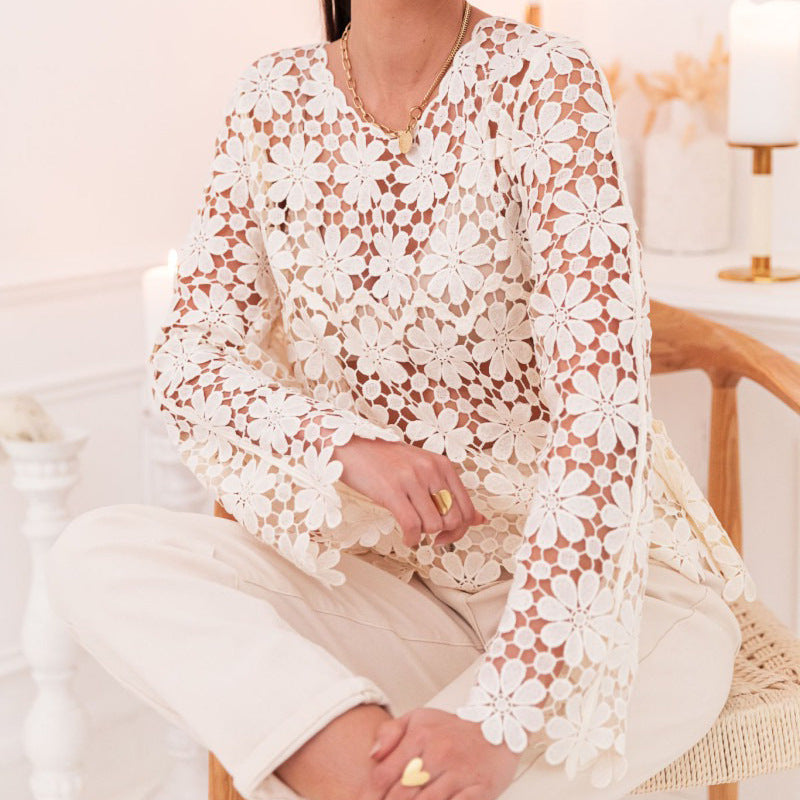 Daisy Crochet Sheer Long Sleeve Blouse - OffWhite - 2