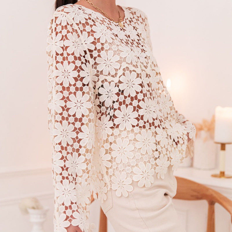Daisy Crochet Sheer Long Sleeve Blouse - OffWhite - 3