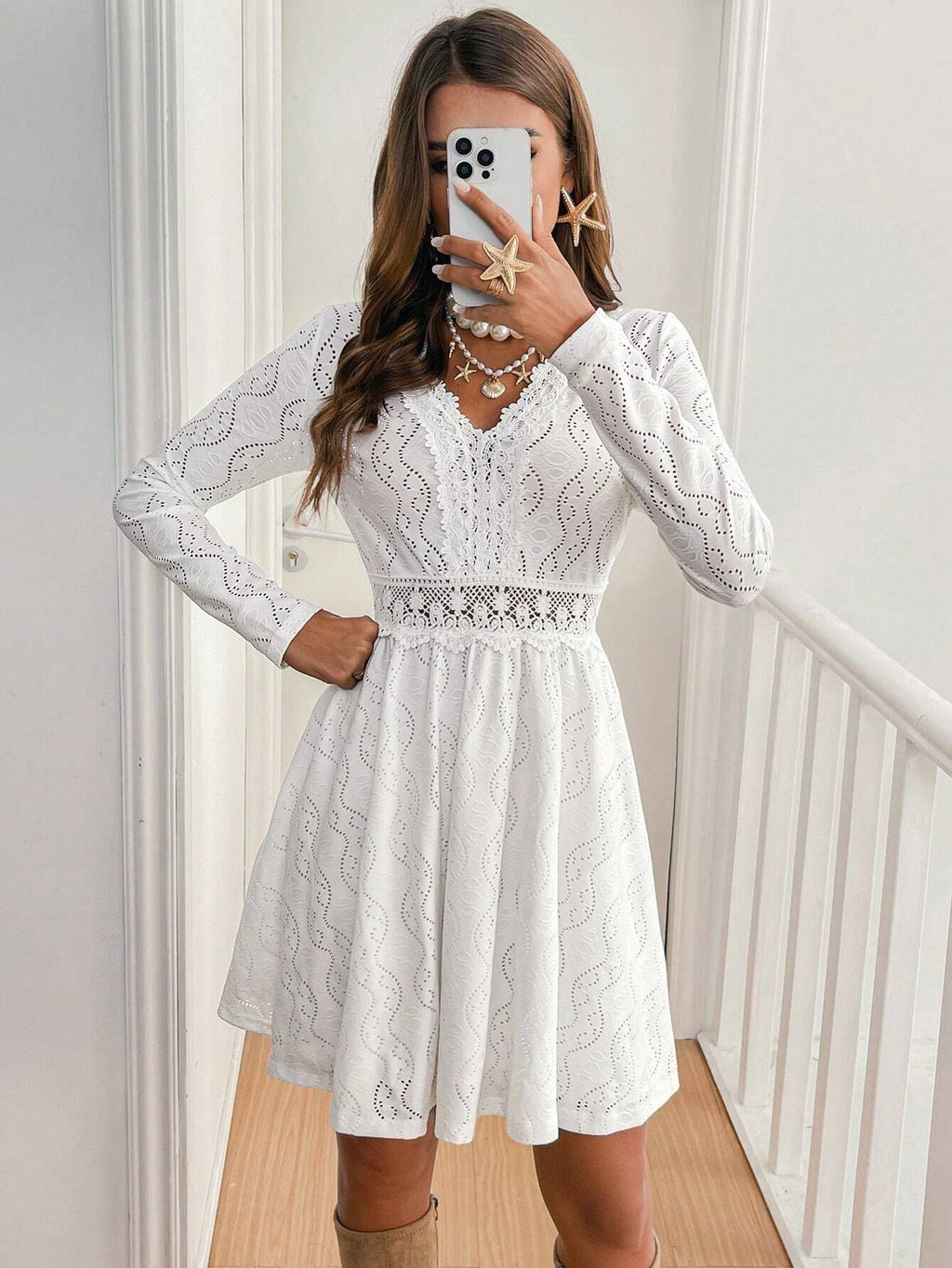 White Lace Cutout Waist Skater Dress - White - 1