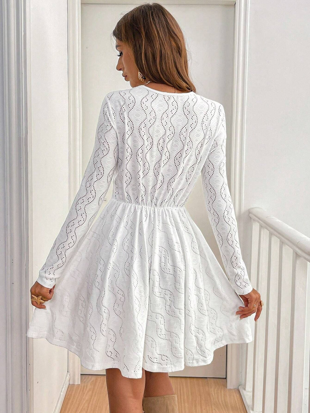White Lace Cutout Waist Skater Dress - White - 4
