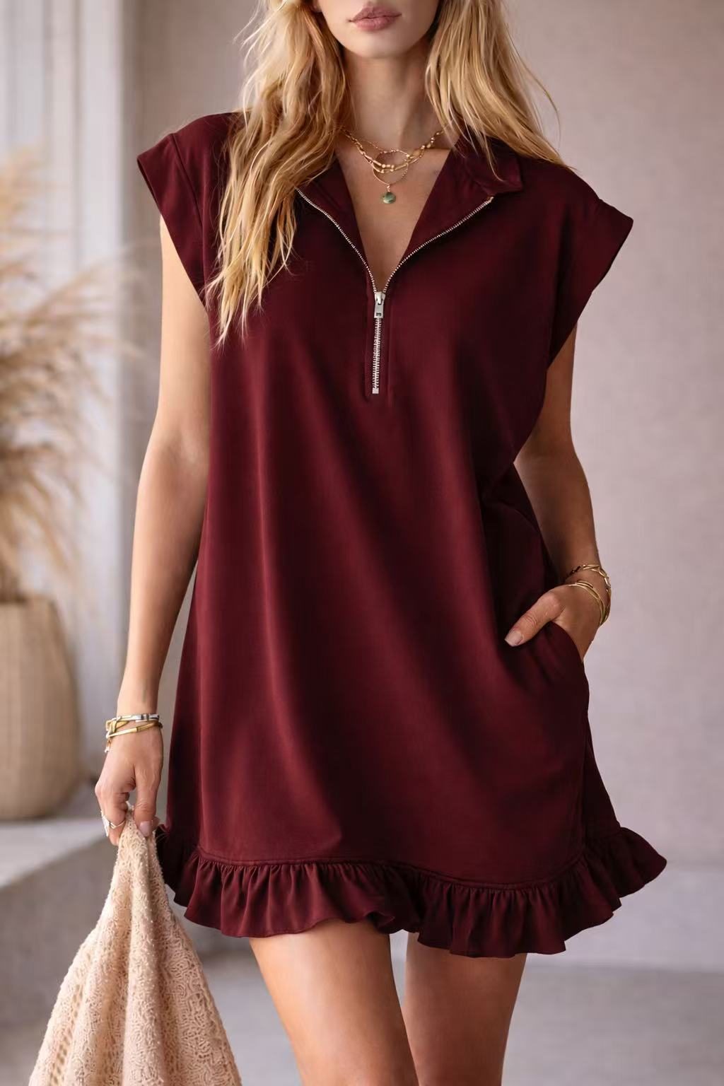Half Zip Polo Collar Ruffle Mini Dress - WineRed