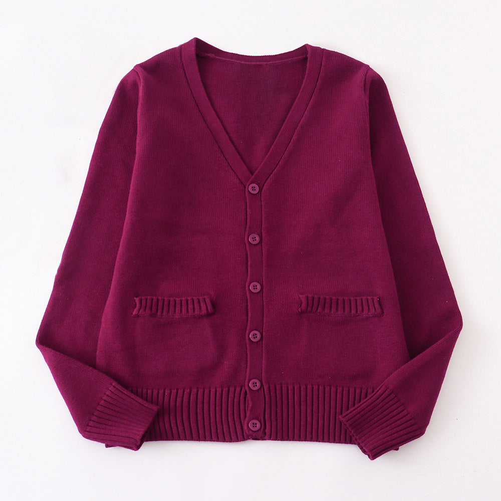 Classic V Neck Button Knit Cardigan - Burgundy