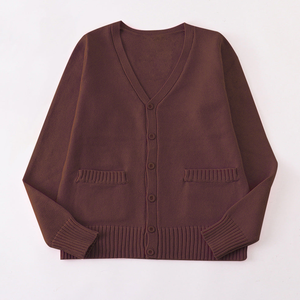Classic V Neck Button Knit Cardigan - Chocolate