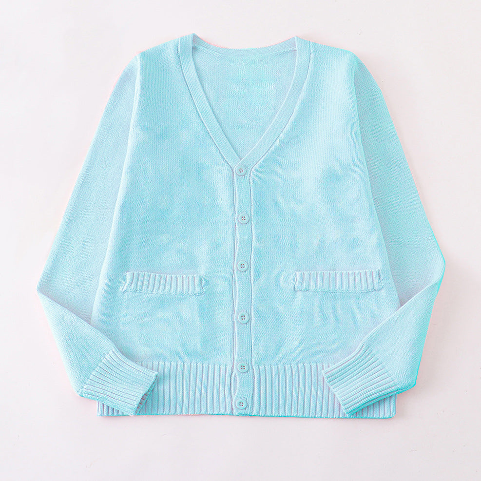 Classic V Neck Button Knit Cardigan - Turquoise