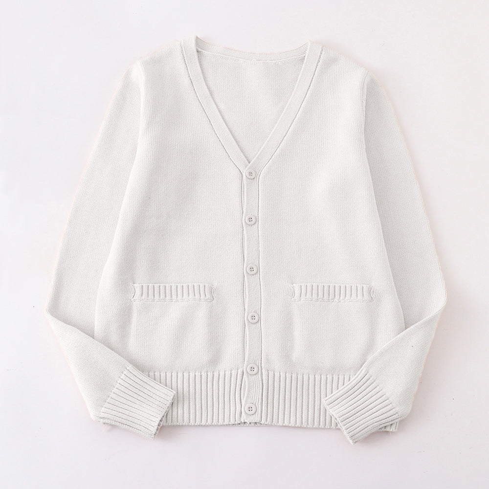 Classic V Neck Button Knit Cardigan - White