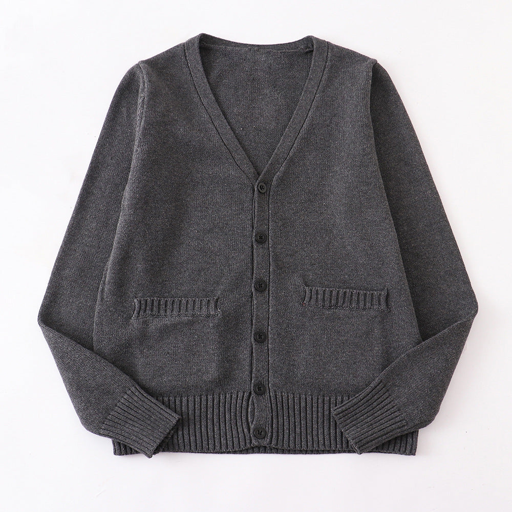 Classic V Neck Button Knit Cardigan - charcoal