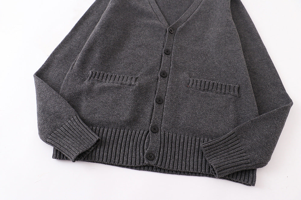 Classic V Neck Button Knit Cardigan - charcoal - 3