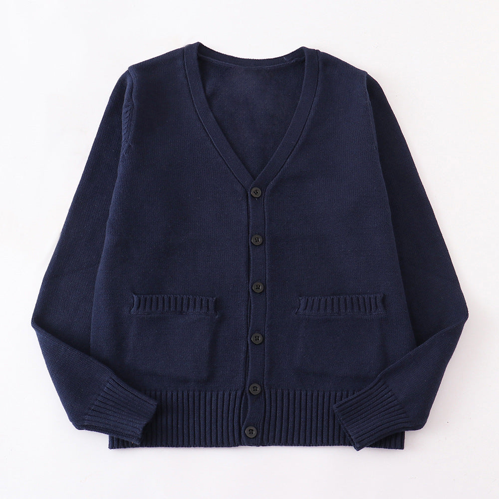 Classic V Neck Button Knit Cardigan - navy