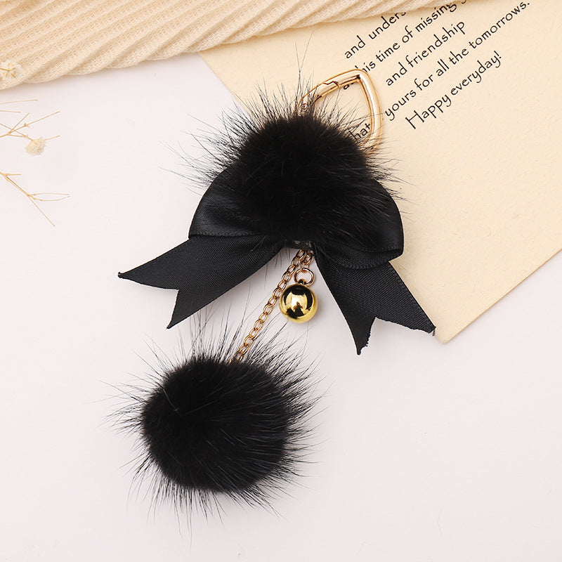 Plush Pom Pom Bow Bag Keychain - Black