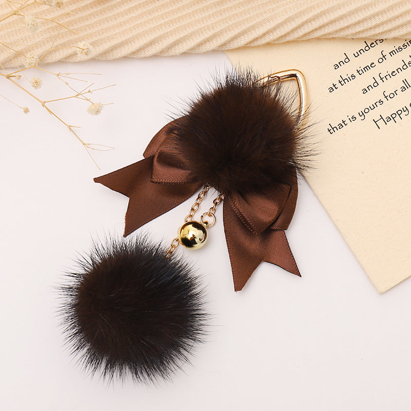Plush Pom Pom Bow Bag Keychain - Brown