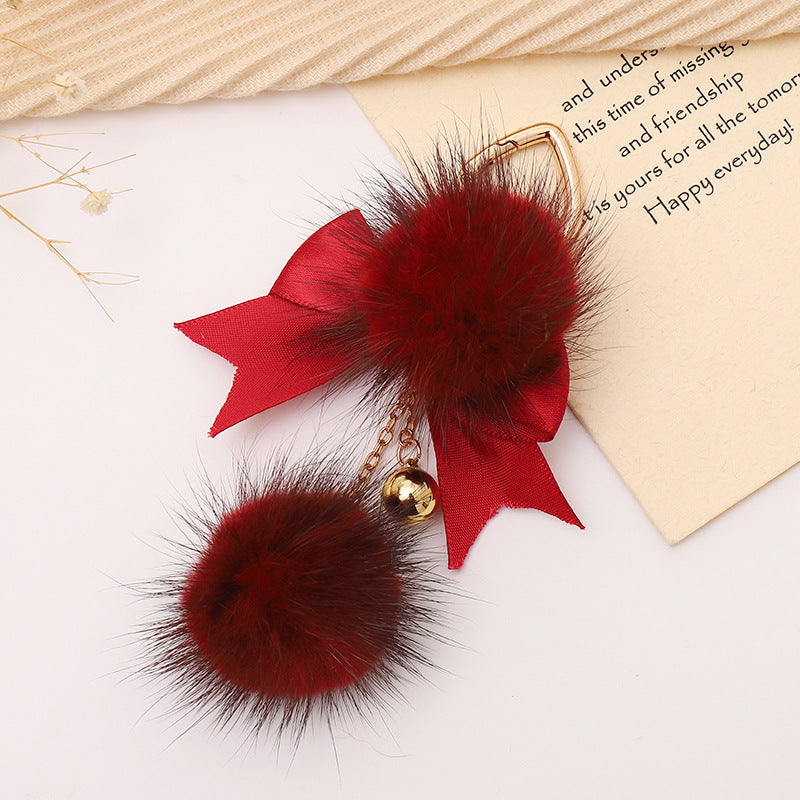 Plush Pom Pom Bow Bag Keychain - Red