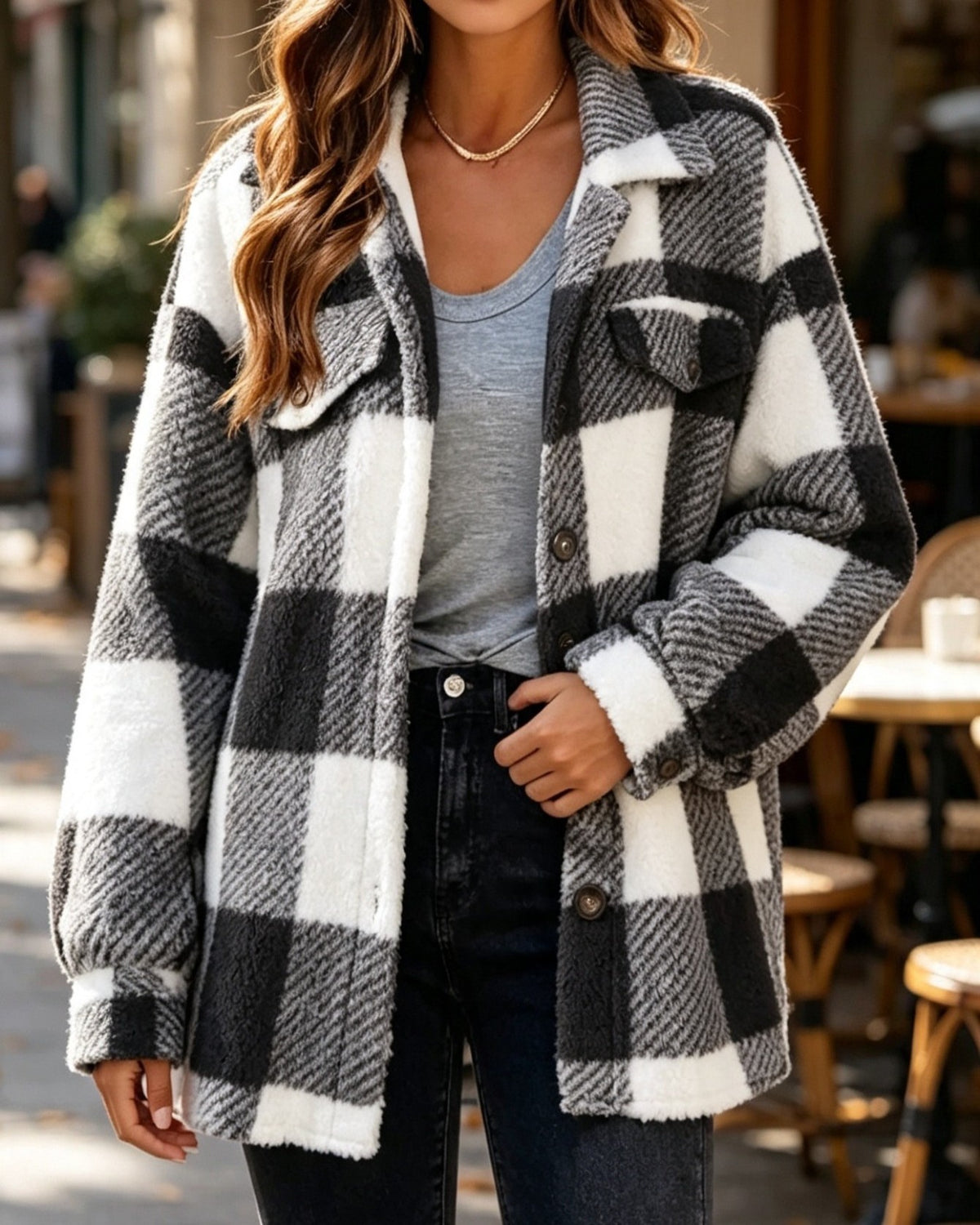 Fuzzy Plaid Shacket Jacket Flap Pocket Button Front - Black