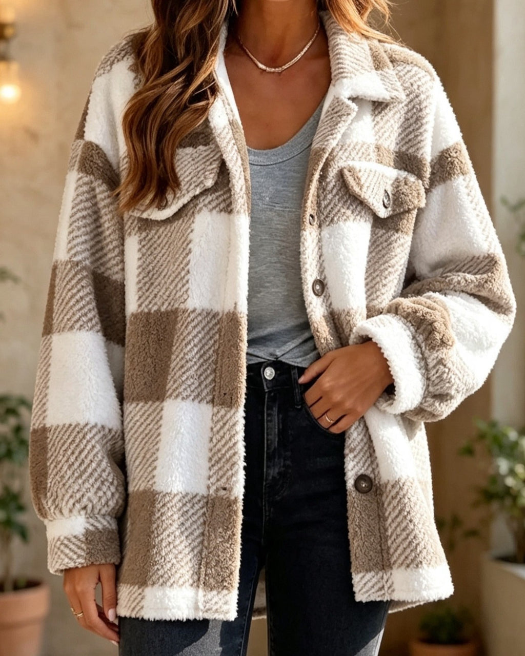 Fuzzy Plaid Shacket Jacket Flap Pocket Button Front - Khaki