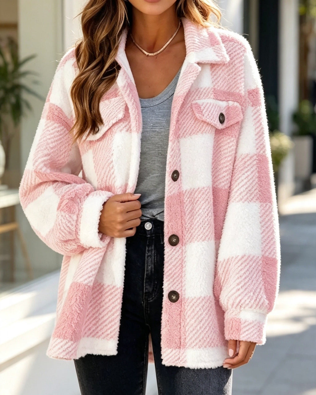 Fuzzy Plaid Shacket Jacket Flap Pocket Button Front - Pink