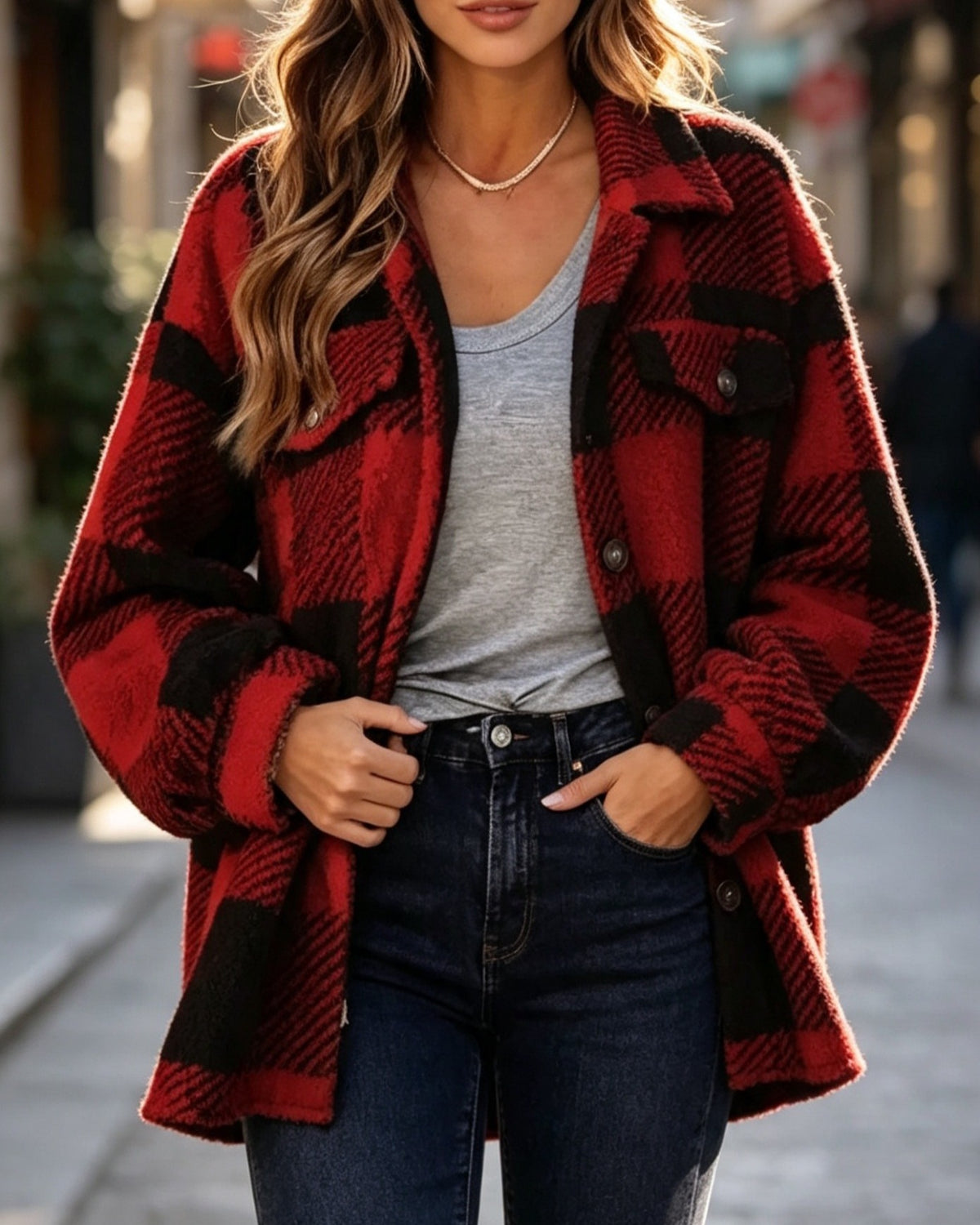 Fuzzy Plaid Shacket Jacket Flap Pocket Button Front - Red