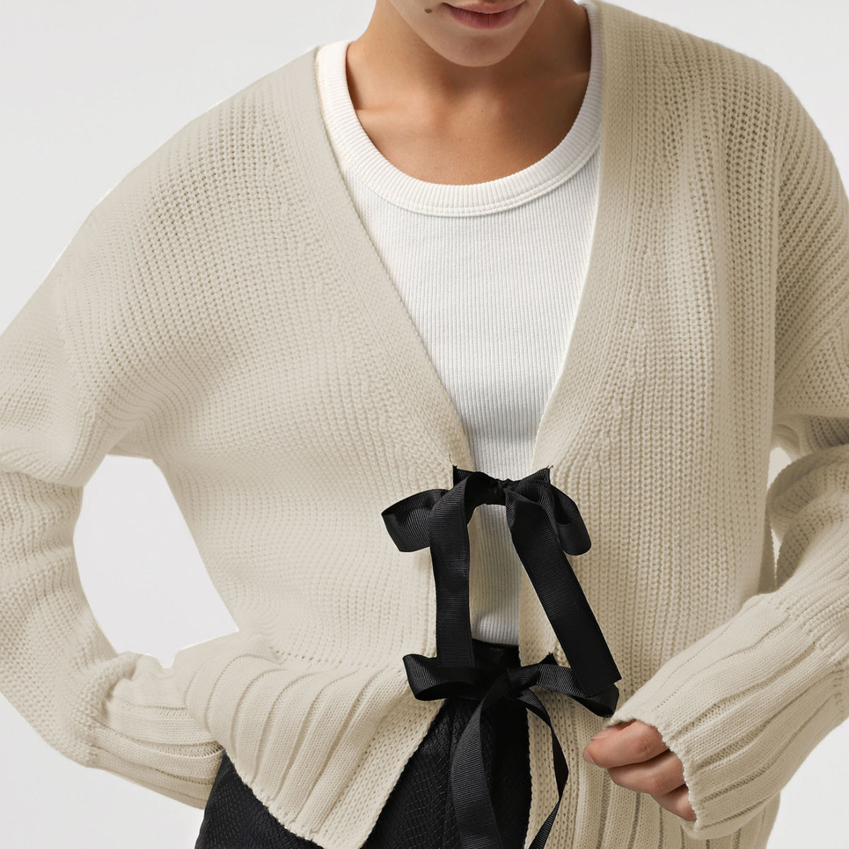 Coquette Ribbon Bow Cropped Knit Cardigan - Beige