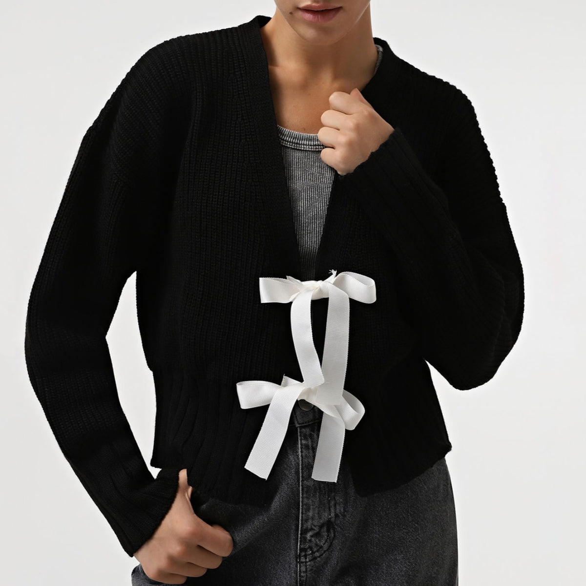 Coquette Ribbon Bow Cropped Knit Cardigan - Black