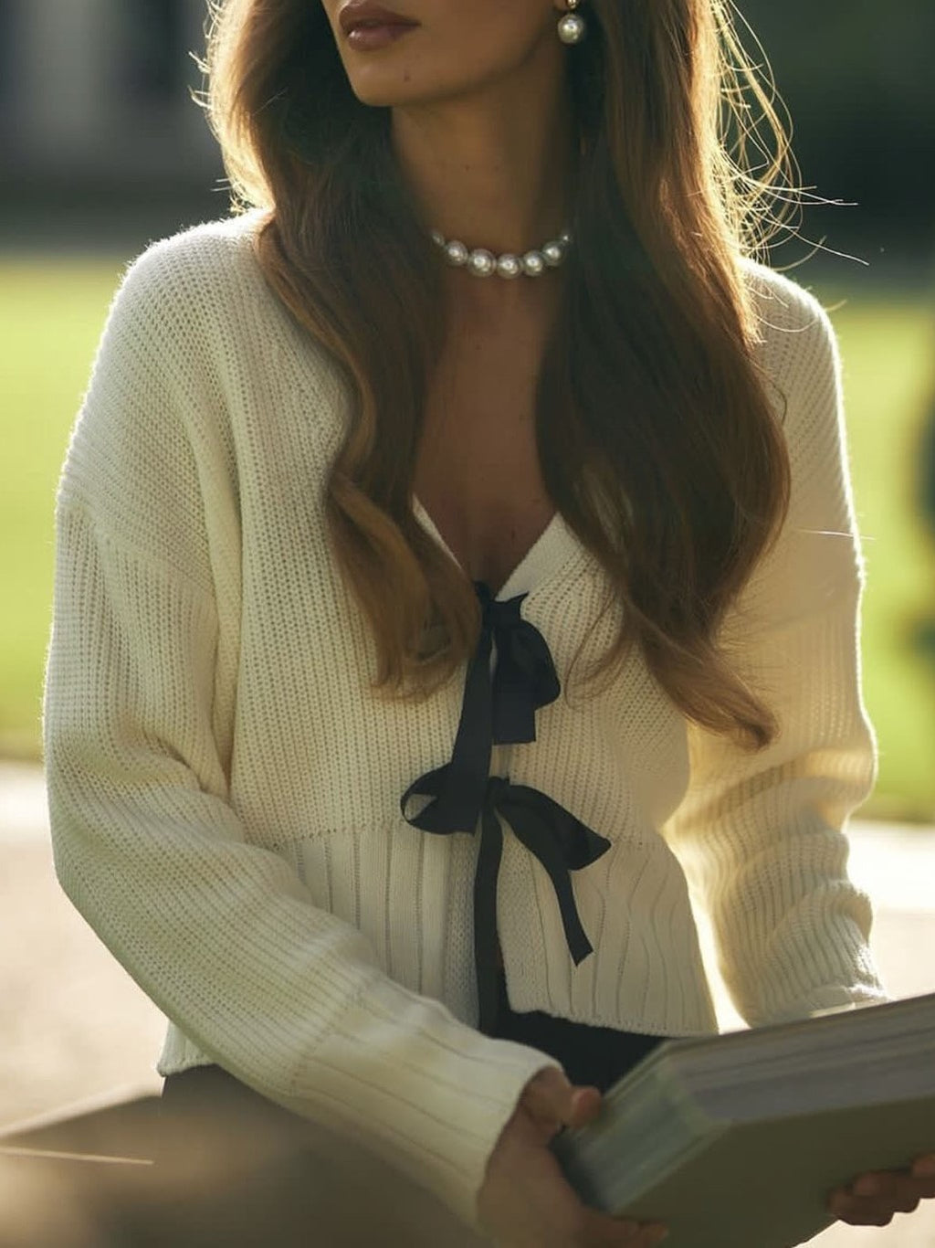 Coquette Ribbon Bow Cropped Knit Cardigan - White