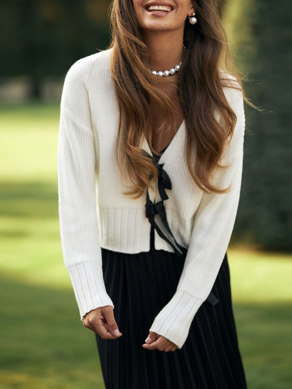 Coquette Ribbon Bow Cropped Knit Cardigan - White - 11