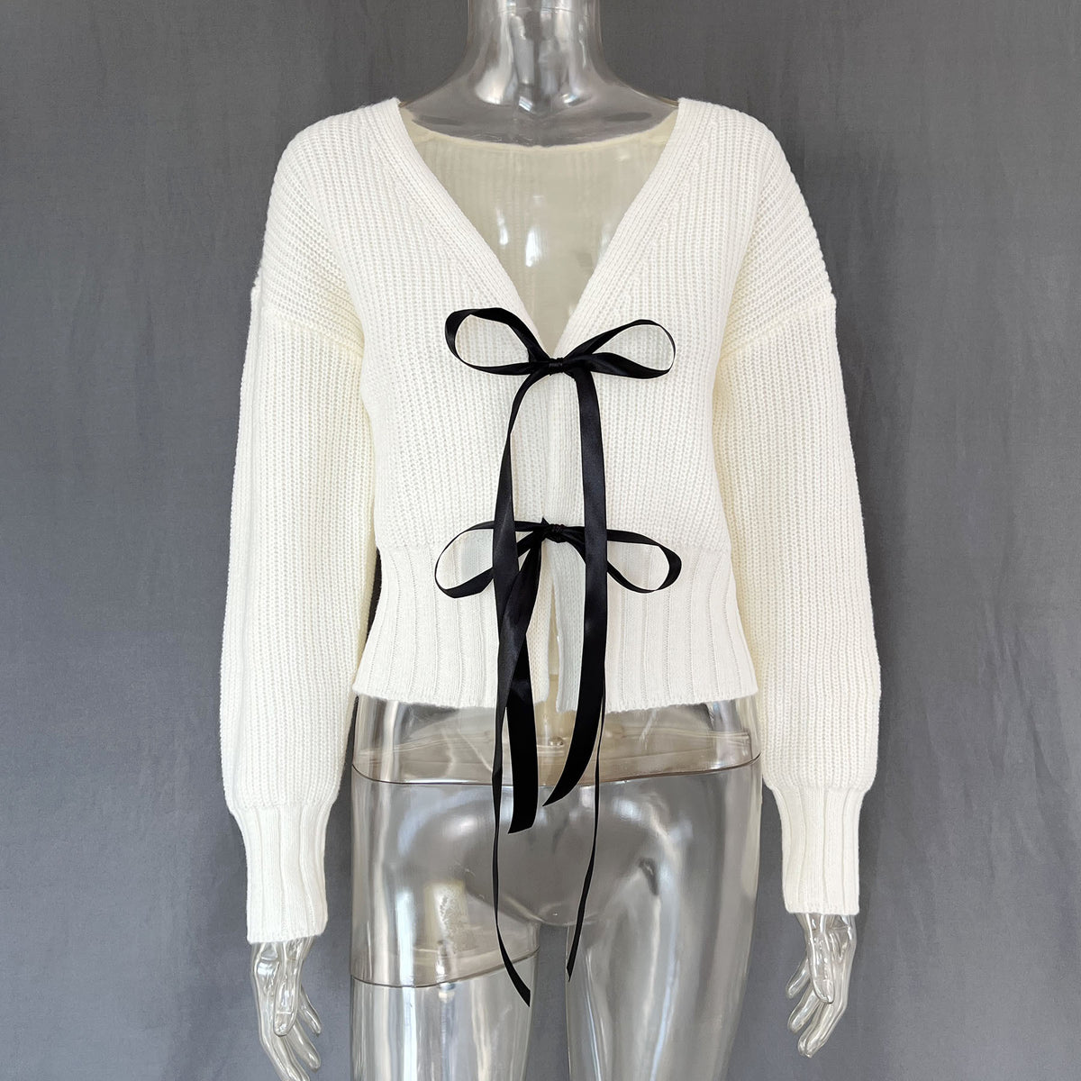 Coquette Ribbon Bow Cropped Knit Cardigan - White - 2