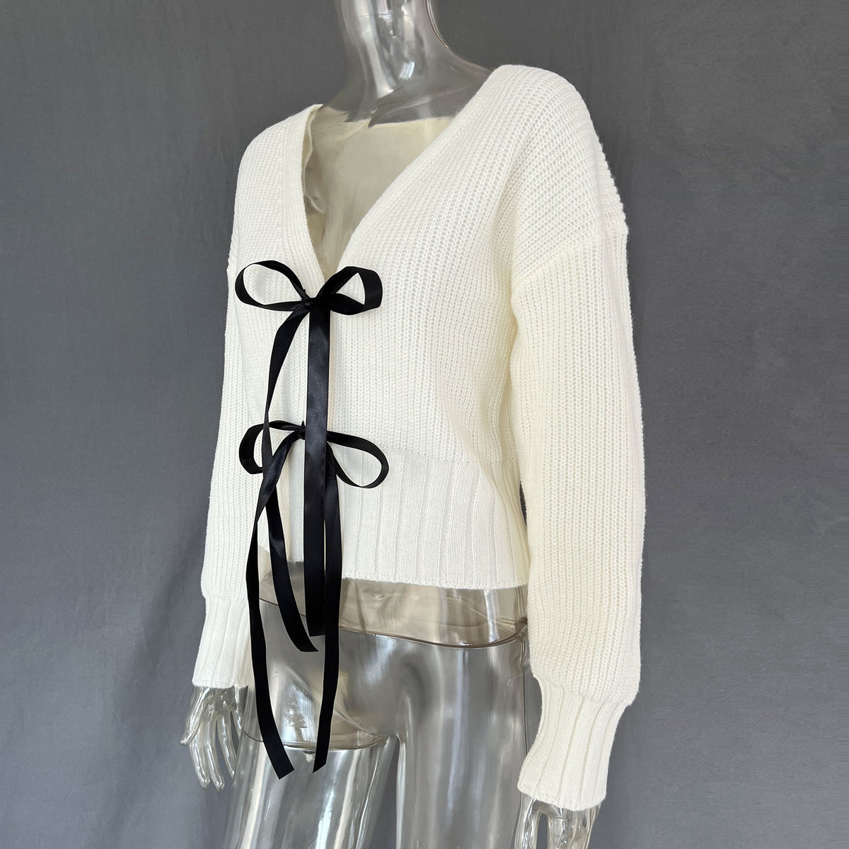 Coquette Ribbon Bow Cropped Knit Cardigan - White - 3