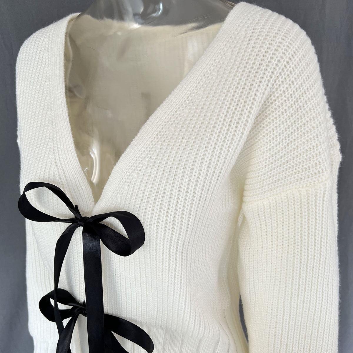 Coquette Ribbon Bow Cropped Knit Cardigan - White - 6