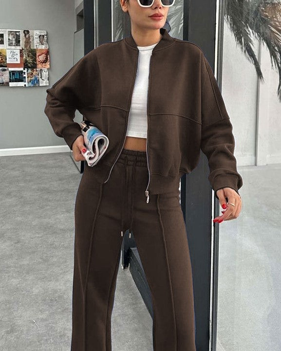Fleece Zip Bomber and Wide Leg Pant Set - Coffee - 1