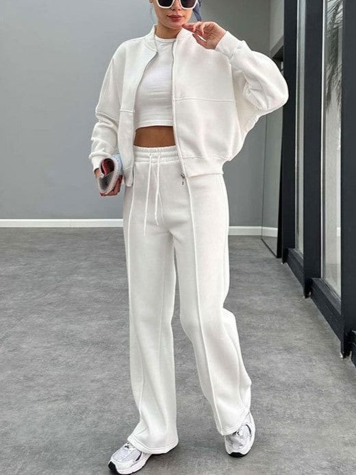 Fleece Zip Bomber and Wide Leg Pant Set - White
