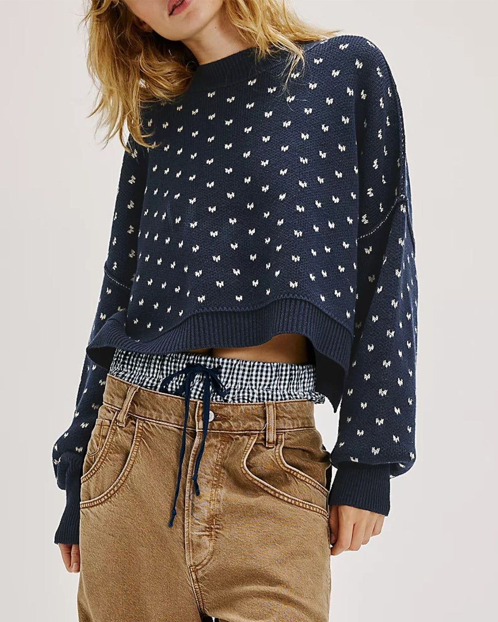 Ditsy Heart Cropped Crewneck Knit Sweater - NavyBlue - 1