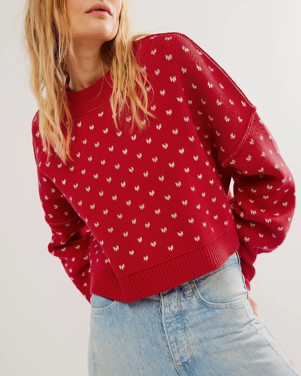 Ditsy Heart Cropped Crewneck Knit Sweater - Red