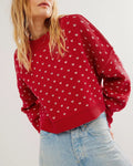 Ditsy Heart Cropped Crewneck Knit Sweater - Red