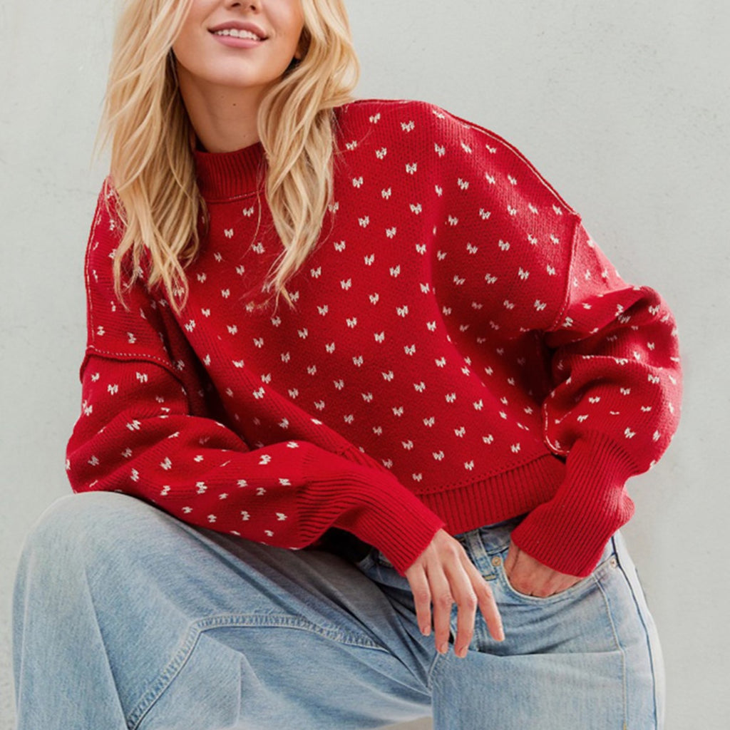 Ditsy Heart Cropped Crewneck Knit Sweater - Red - 1