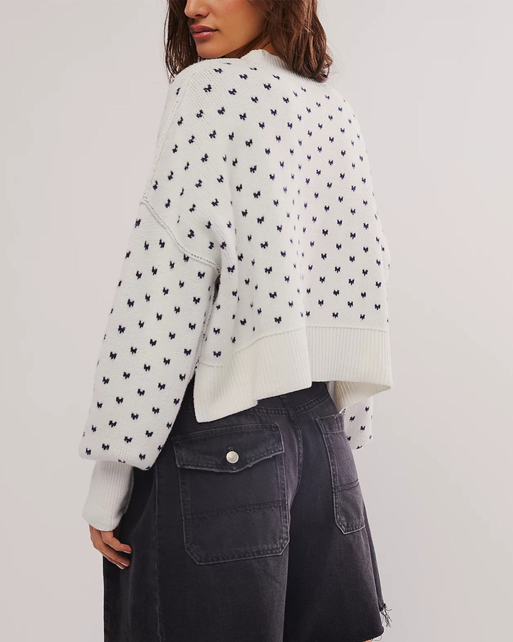 Ditsy Heart Cropped Crewneck Knit Sweater - White - 1