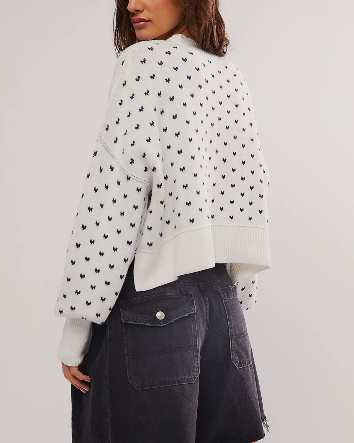 Ditsy Heart Cropped Crewneck Knit Sweater - White - 1