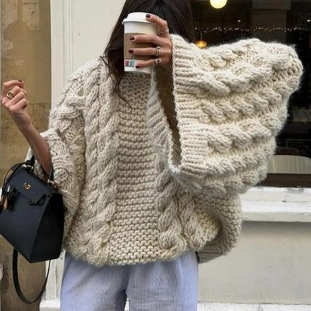 Chunky Cable Knit Flared Sleeve Jumper - Khaki - 1